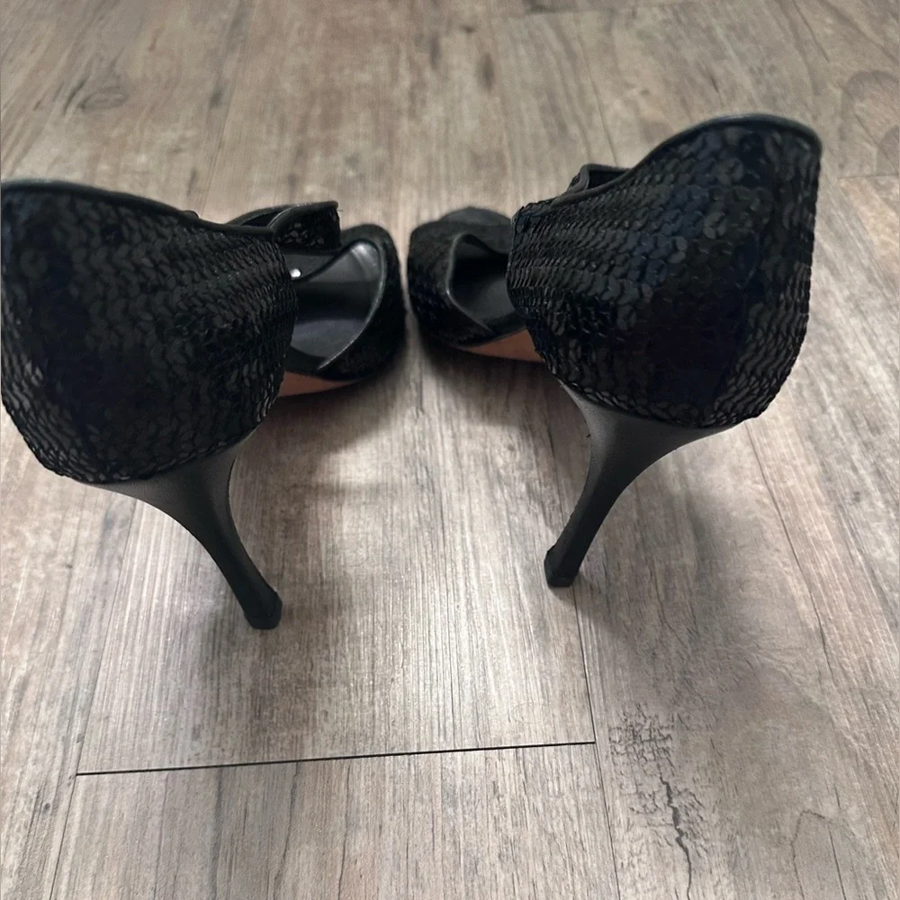 Manolo Blahnik Caldo Sequined Black Ankle Strap Peep Toe Stiletto Heels